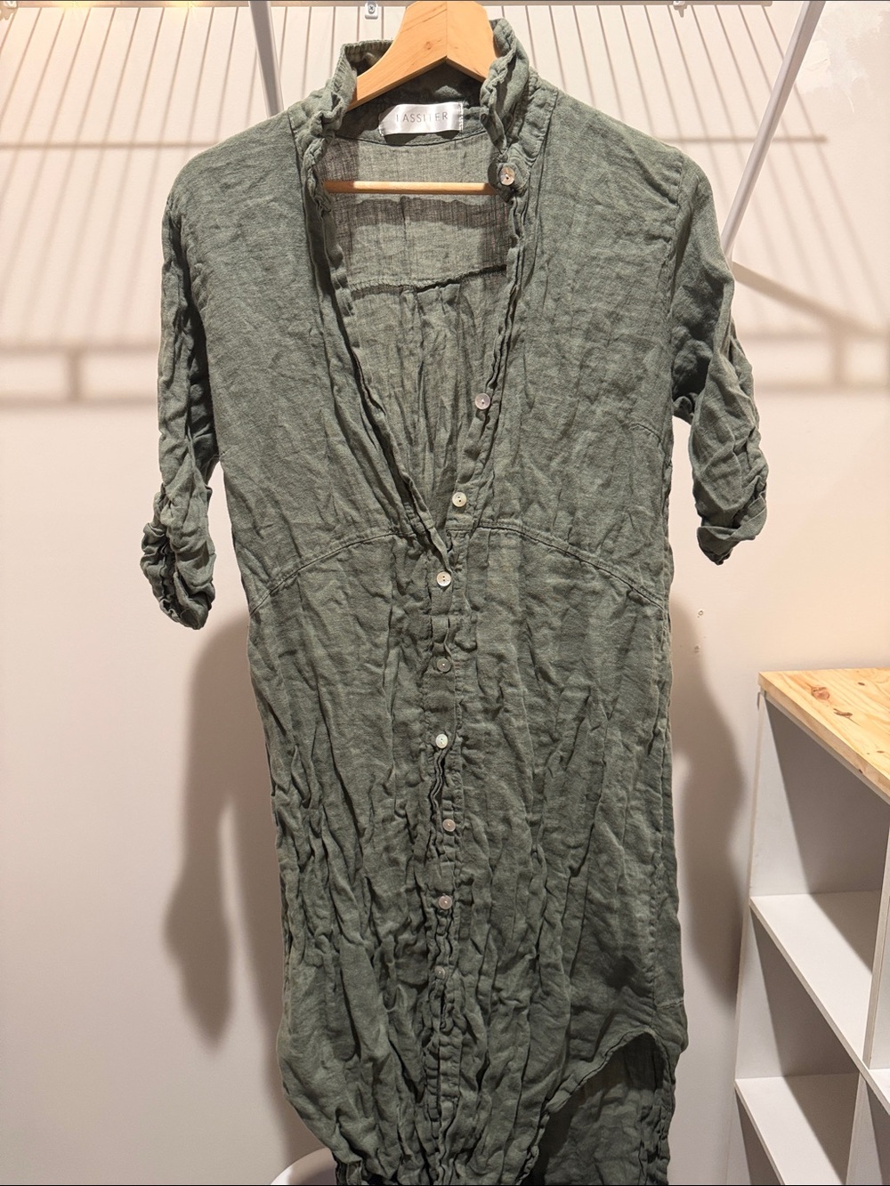Lassiter Olive Button-Front Linen High Low Dress